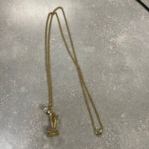 Vintage French Telephone Rhinestones Chatm Goldtone Chain Necklace